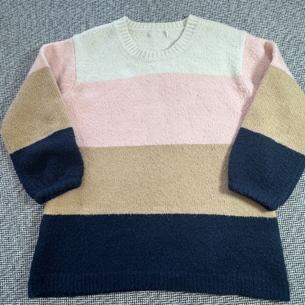 Womens Colorblock Striped Fuzzy Knit Crewneck Sweater Pink Tan Navy Blue L